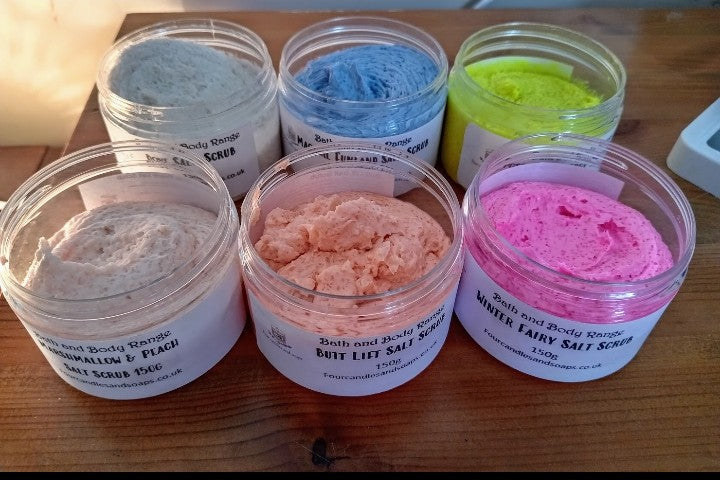 6 pots of colourful salt scrubs