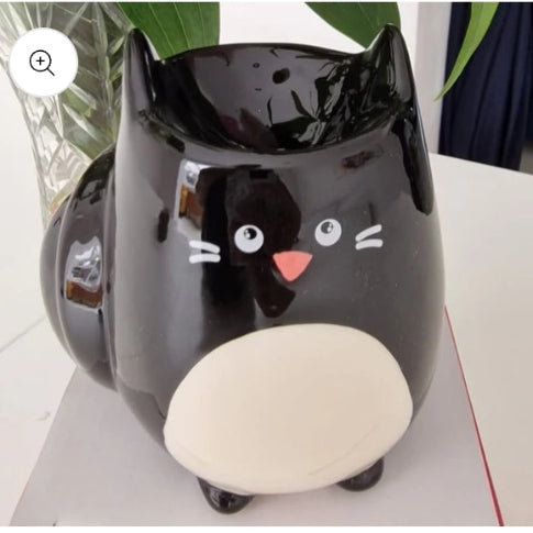 Black cat-shaped ceramic pot on a white surface with a plant in the background.
